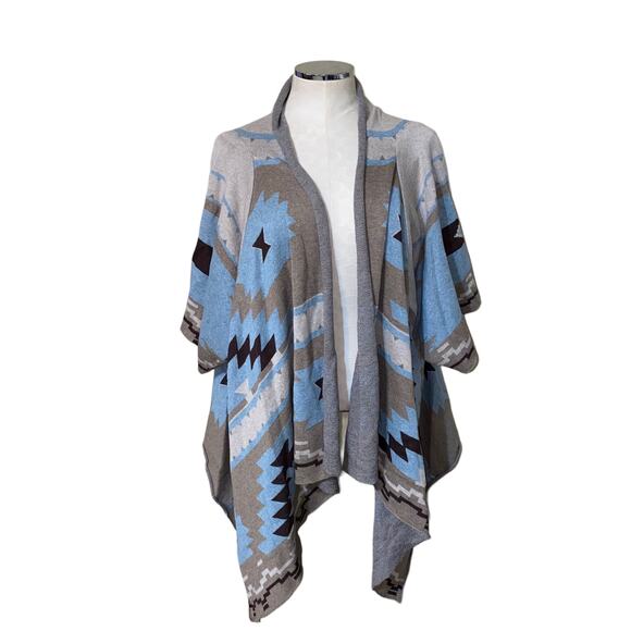 Soft Surroundings Southwest Aztec Open Front Wrap Cardigan Blue & Tan - Picture 2 of 6